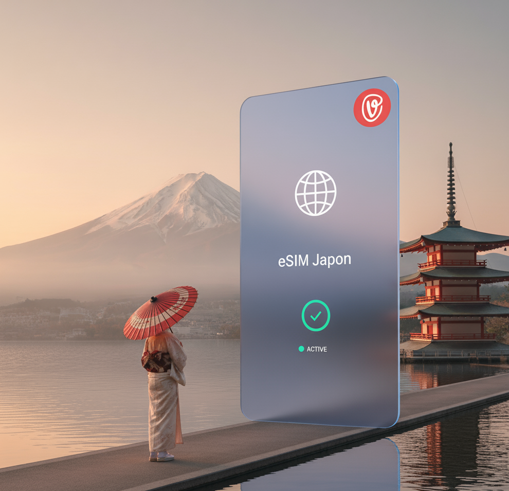 Une femme au Japon regardant sa eSIM prête à être utilisée