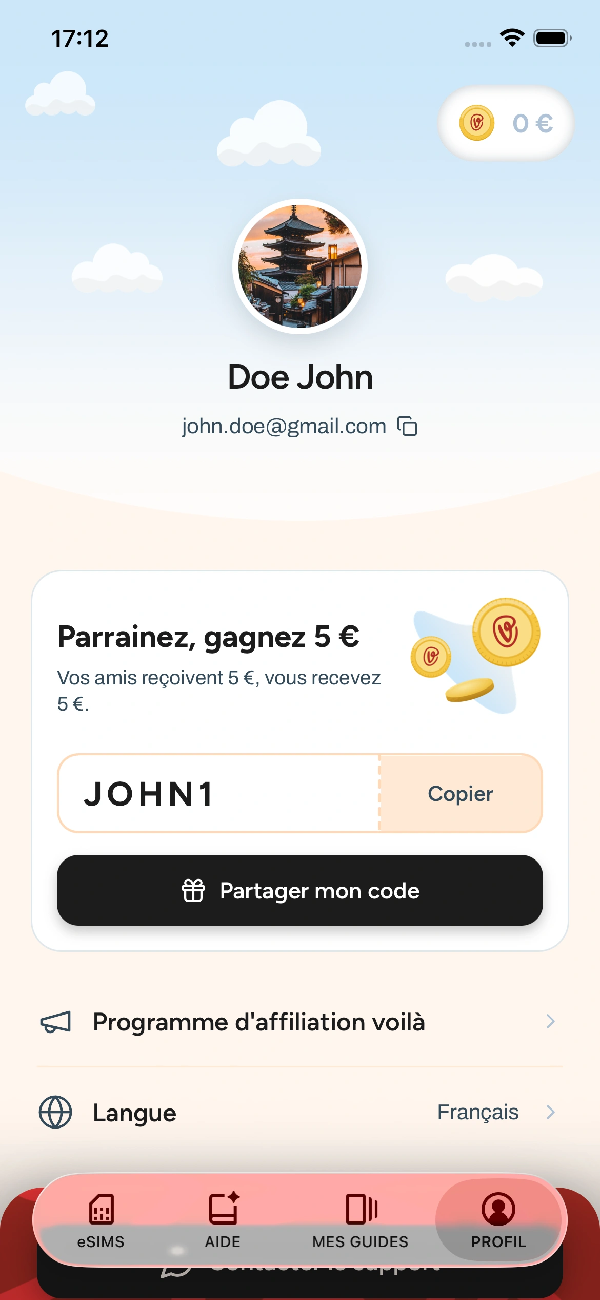 Écran parrainage de l'app voilà